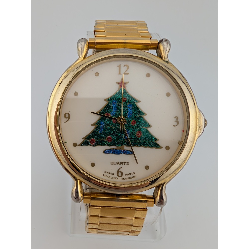 Vintage Servon Christmas Tree Swiss Watch 7.5" Gold Stretch Band- New Battery
